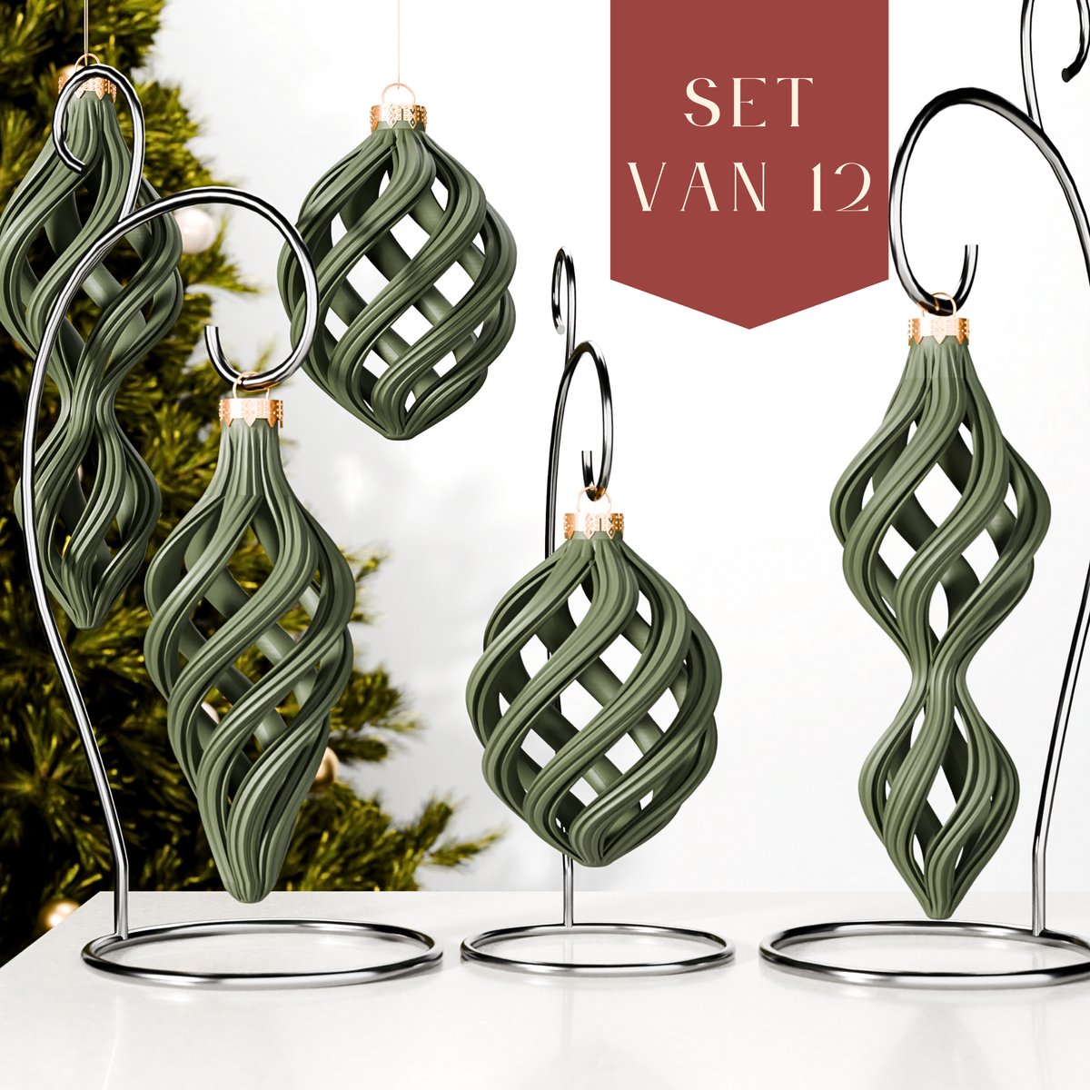 Fleuriek – Luxe Gedraaide Kerstballen – Mat Groen, Set van 12 – Moderne Kerstornamenten – Onbreekbaar & Herbruikbaar – Trendy Kerstdecoratie voor de Boom