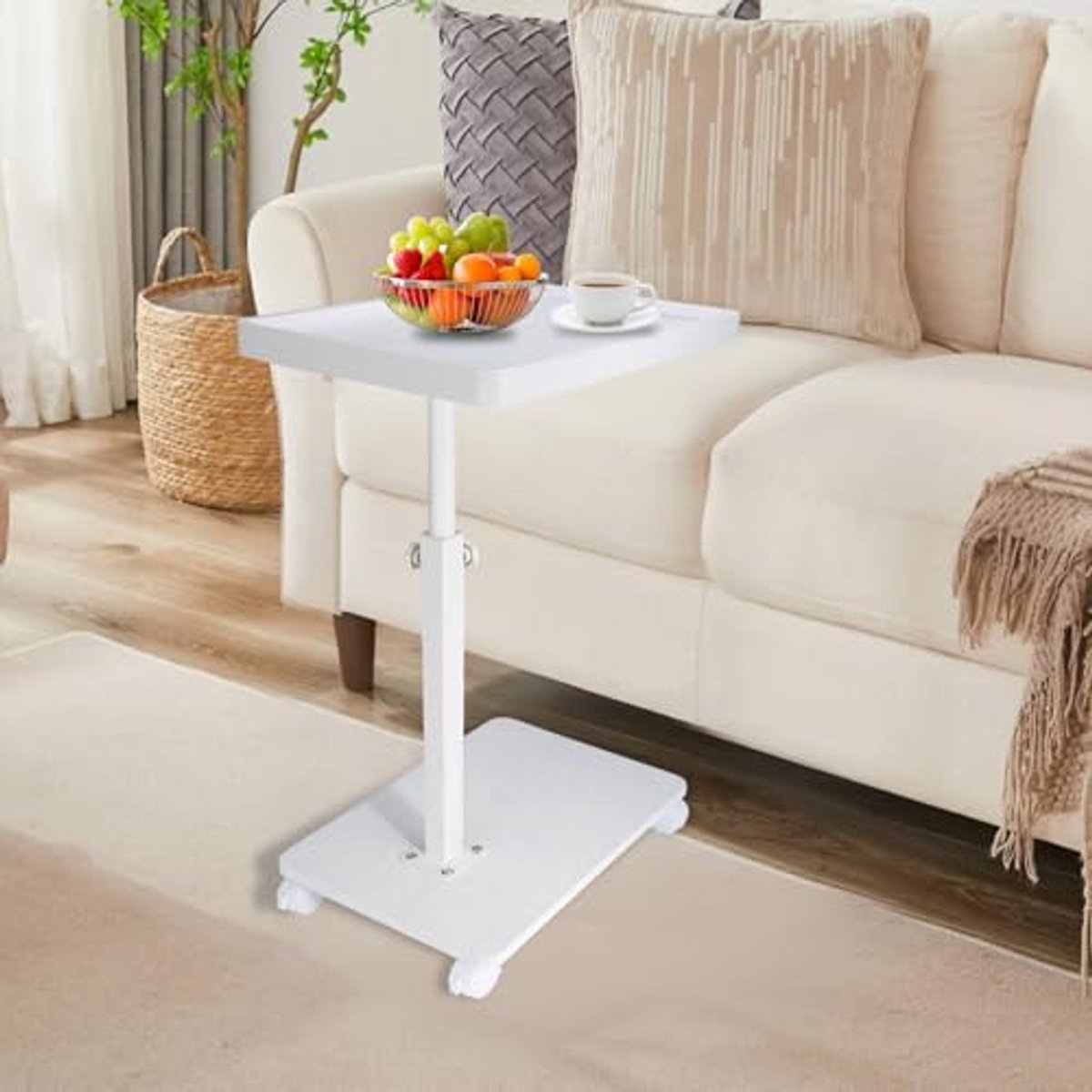 Verstelbare C-vormige Bijzettafel met Draaibare Lade en Wielen voor Woonkamer en Slaapkamer