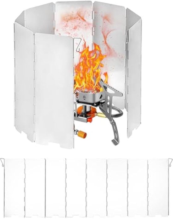 Oliespatbescherming Vouwen buiten fornuis Voorruit, aluminium camping fornuis voorruit met draagtas, 10 platen Windscherm voor camping picknick koken Kachel Spatscherm