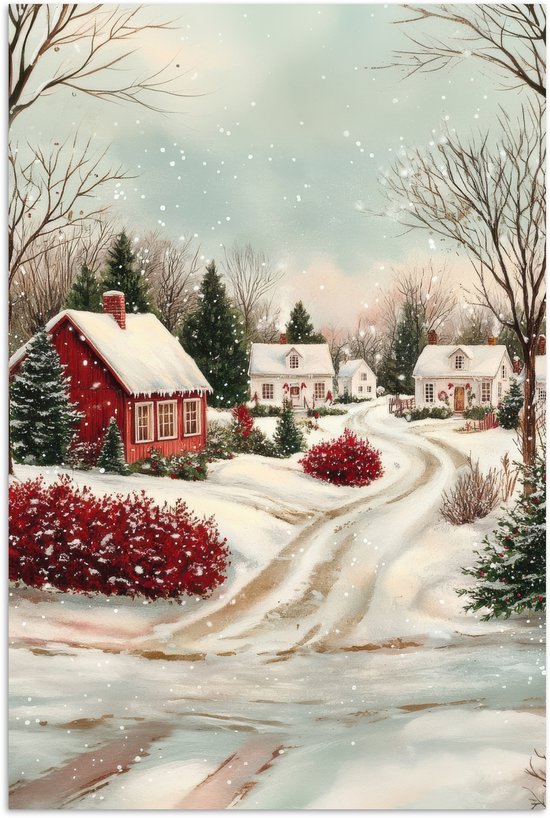 Poster 60x90 cm - Kerstsfeer - Landelijk - Rood - Posters - Kamer decoratie - Wanddecoratie woonkamer - Muurdecoratie slaapkamer - Kerstversiering - Kerstdecoratie voor binnen - Kerstmis