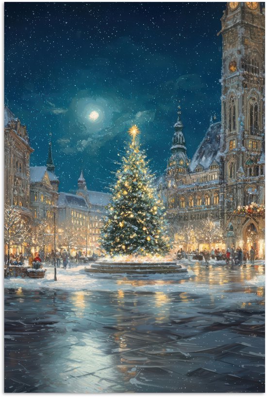 Poster 80x120 cm - Kerstnacht - Stadsplein - Meerkleurig - Posters - Kamer decoratie - Wanddecoratie woonkamer - Muurdecoratie slaapkamer - Kerstversiering - Kerstdecoratie voor binnen - Kerstmis