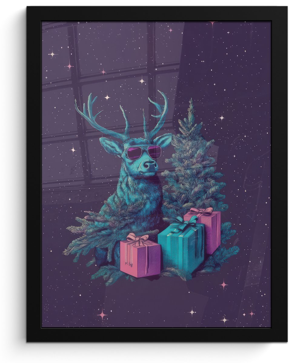 FrameYourWall Poster in lijst - Fotolijst 30x40 cm - Posters - Rendier - Zonnebril - Neon - Kerstboom - Posterlijst zwart - Decoratie - Wanddecoratie woonkamer - Muurdecoratie slaapkamer - Kerstversiering - Kerstdecoratie voor binnen - Kerstmis