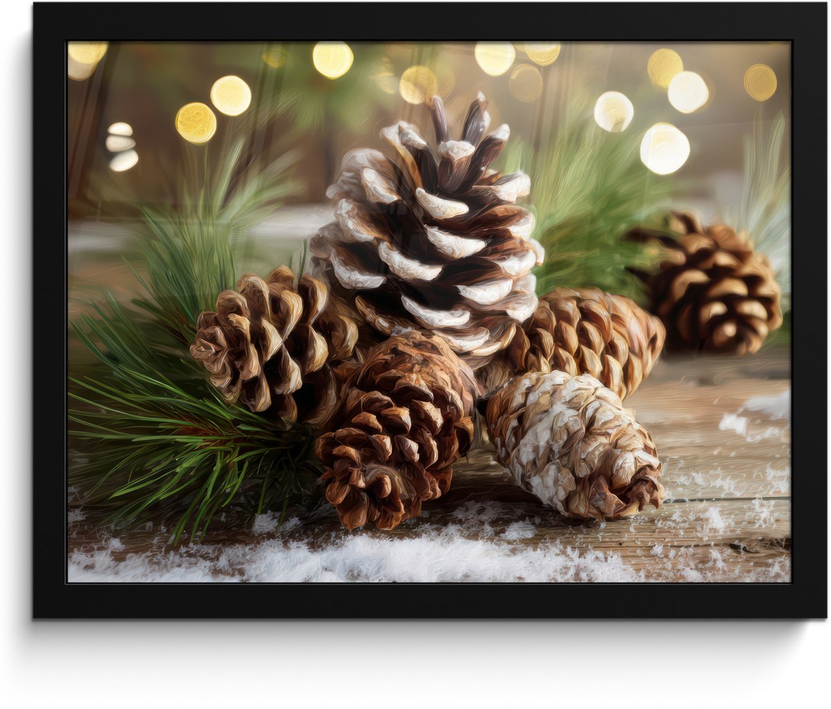 FrameYourWall Poster in lijst - Fotolijst 40x30 cm - Posters - Dennenappels - Kerstsfeer - Bruin - Groen - Posterlijst zwart - Decoratie - Wanddecoratie woonkamer - Muurdecoratie slaapkamer - Kerstversiering - Kerstdecoratie voor binnen - Kerstmis