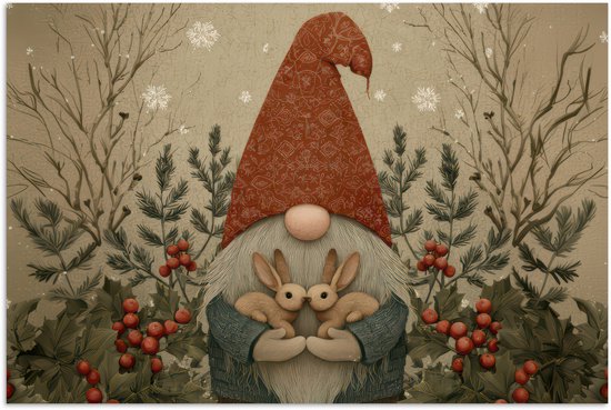 Poster 30x20 cm - Kerstgnome - Konijntjes - Kleurrijk - Posters - Kamer decoratie - Wanddecoratie woonkamer - Muurdecoratie slaapkamer - Kerstversiering - Kerstdecoratie voor binnen - Kerstmis