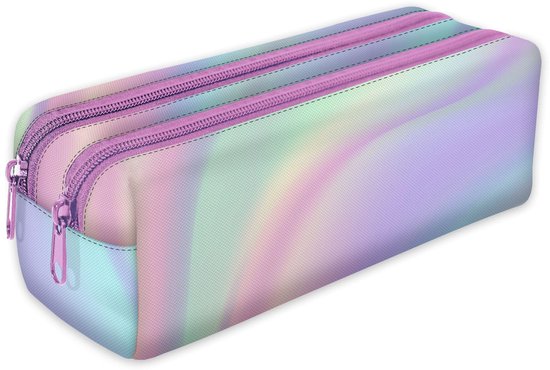 FEROCITY - Pennenbakje 2 zakken Rits - Ruime tas voor schoolspullen - Polyester - Holo-Regenboog