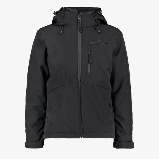Zwarte softshell jas met capuchon, rits, zak met rits en merklogo 'MOUNTAIN PEAK'.