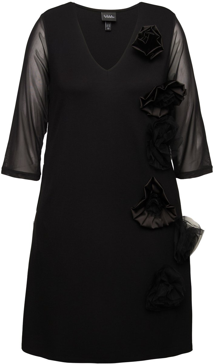Ulla Popken Dames - Jersey jurk 3D-bloemen V-hals 3/4-mouwen zakken - Zwart - Maat 46+