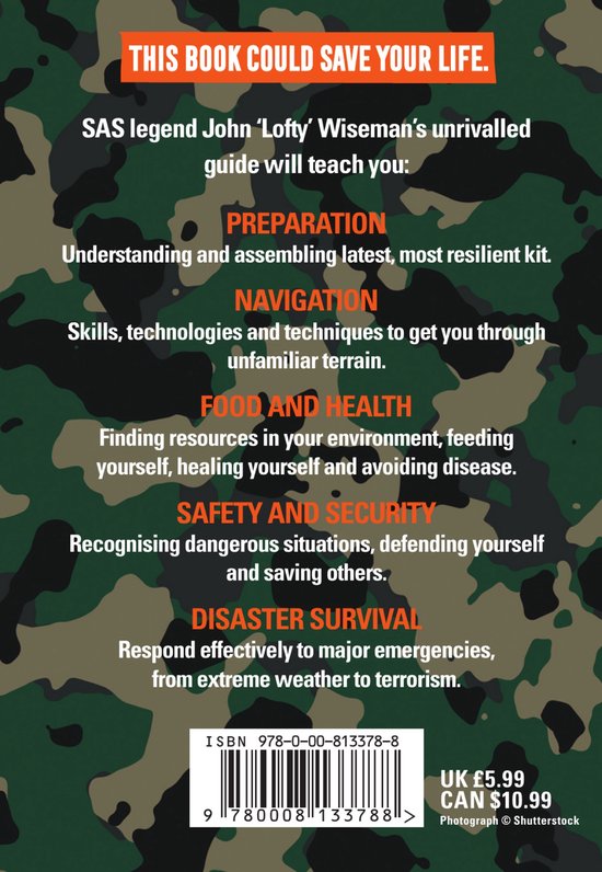Dos de 'SAS Survival Guide' avec motif camouflage. Offre des conseils sur la préparation, la navigation, la nourriture et la santé, la sécurité et la survie en cas de catastrophe.