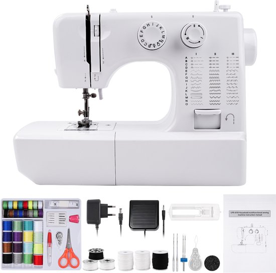 Witte naaimachine met een compleet naaionderdelenset, inclusief spoelen, naalden, draad en handleiding.