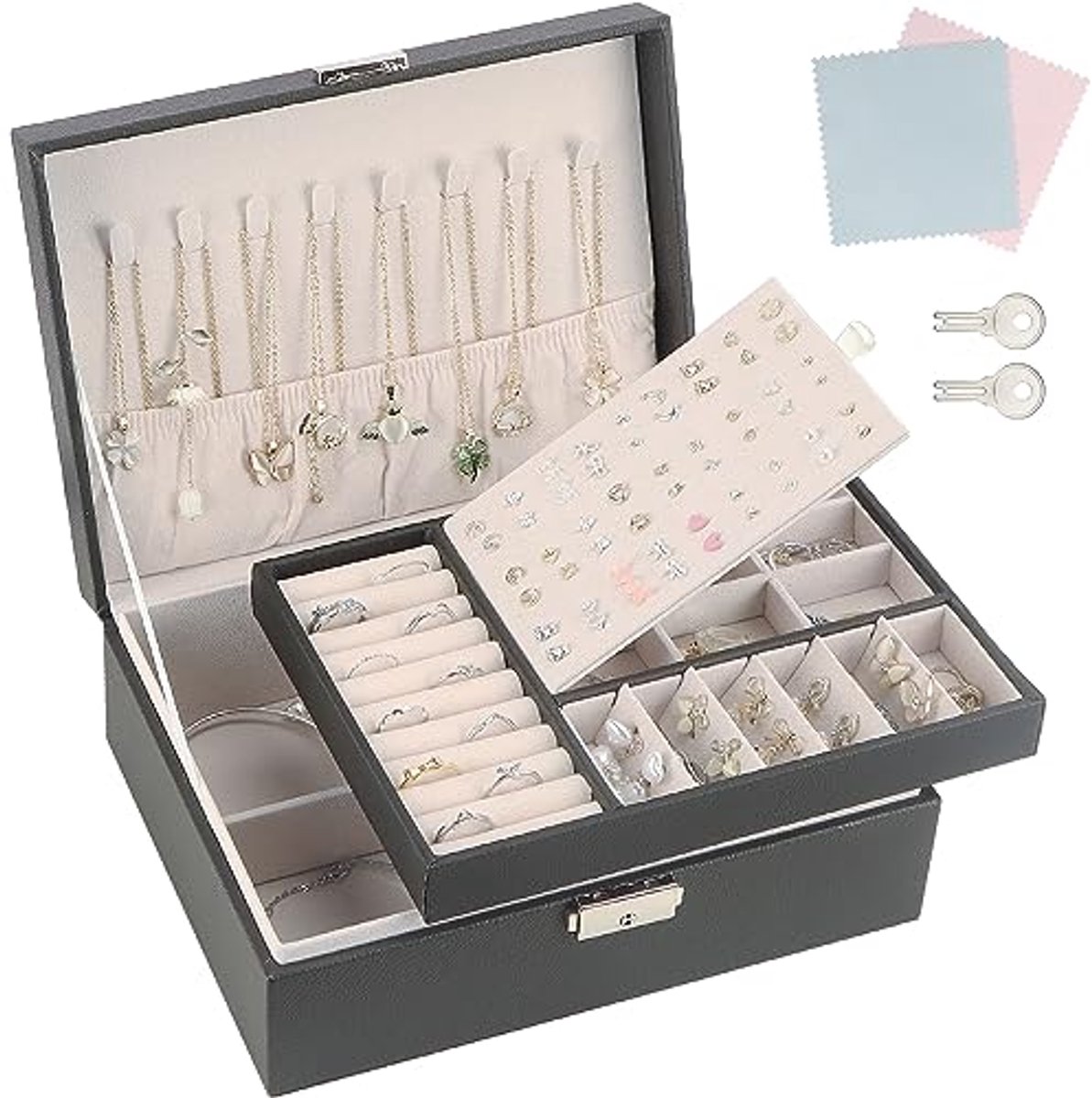 Sieradenbox met 2 lagen en sleutels - PU leer opbergdoos voor kettingen, oorbellen, armbanden en ringen