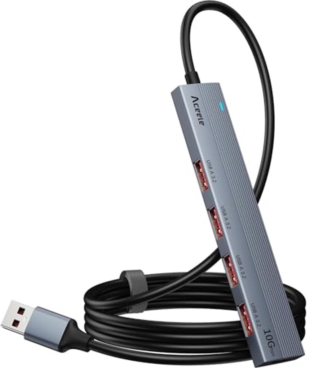 USB Hub 3.2 Gen 2 Splitter met 4 USB-A Poorten en 120 cm Kabel voor Laptop, Desktop en Gaming