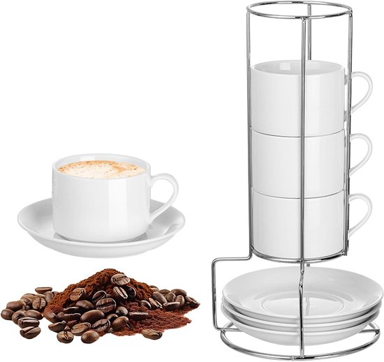 Set of 4 Porcelain Espresso Cups Ceramic with Saucers and Metal Stand ...