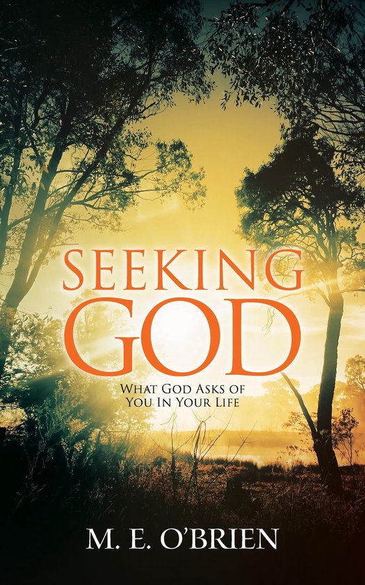 Livre 'Seeking God' avec le texte 'WHAT GOD ASKS OF YOU IN YOUR LIFE' et M. E. O'Brien sur un fond d'arbres et de lumière du soleil.