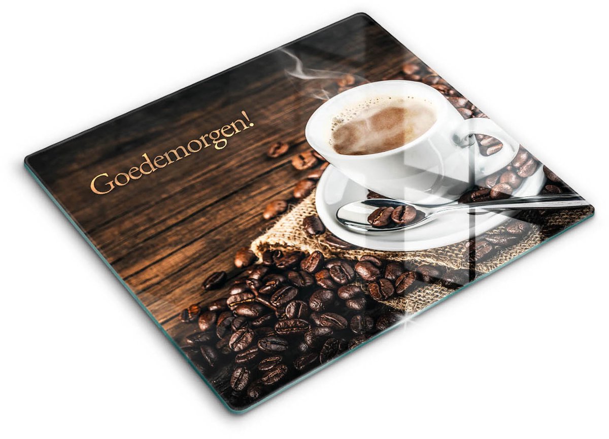 Wallfluent Glazen Snijplanken - Goedemorgen! Snijplanken Glas - 60 cm x 52 cm - Bruin Snijplanken van Glas - Hittebestendige Glazen Snijplank - Decoratieve Glazen Snijplank - Glazen Snijplank met Antislip