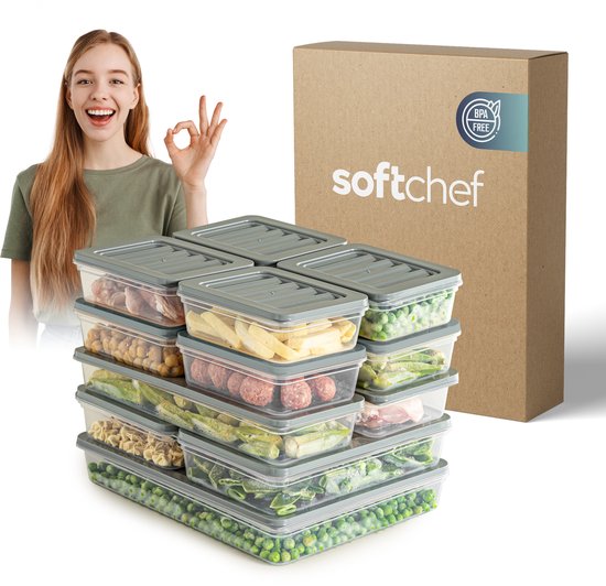 Soft Chef Fresh Box 13-delige Voedselbewaarset (8×600 ml, 2×1170 ml, 2×1200 ml, 1×2400 ml) – Transparant met grijze deksels – BPA-vrij – Luchtdicht & Stapelbaar – Vaatwasser & Vriezerbestendig