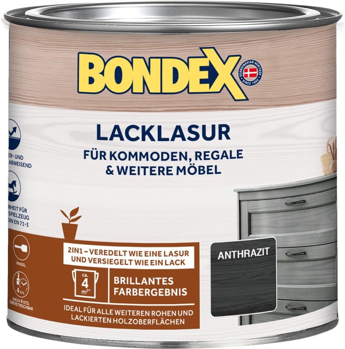 Bondex Lakbeits Antraciet 0,375 L voor 3,75 m² | 2-in-1 - verfijnd en verzegeld | Water- en vuilafstotend | Veiligheid voor kinderspeelgoed volgens DIN EN 71-3 | Zijdeglans | Houtbeits