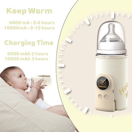 Flessenwarmer - Draagbare reisflessenwarmer - Snelle verwarming - Werkt op batterijen met temperatuurweergave, geen water nodig, handig voor borstvoeding onderweg - 6000 mAh - Gebroken wit van Merkloos — afbeelding 3