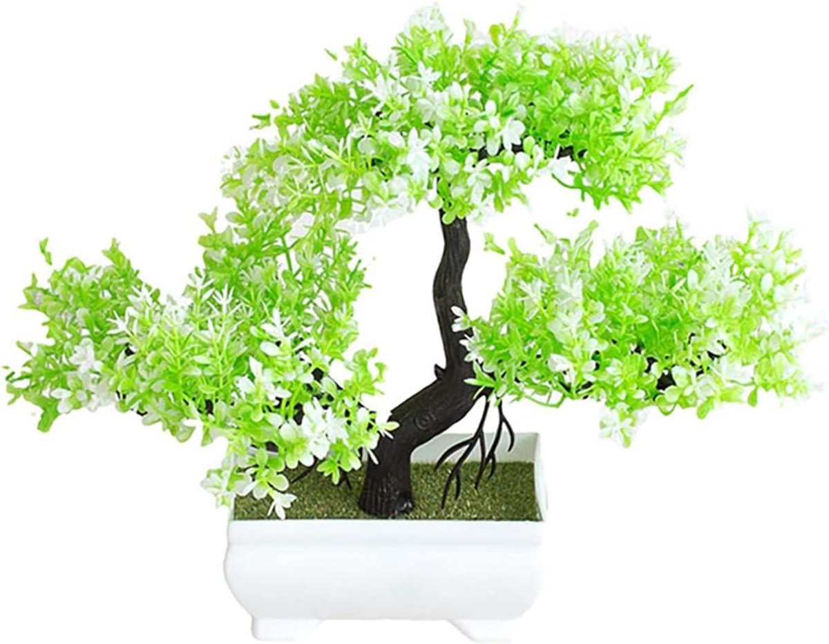 Allecto plus - Mini kunstplanten voor woondecoratie en bonsai in witte pot met kunstdennenhout