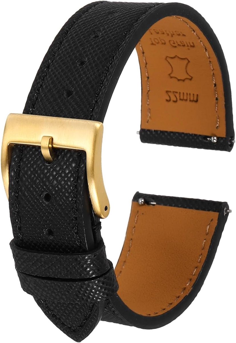 Allecto plus - Echt leren horlogebandje 22 mm zwart voor mannen en vrouwen - Snelwissel reservearmband met roestvrijstalen gouden gesp