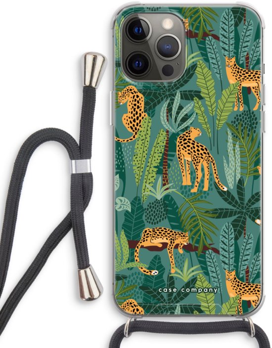 Telefoonhoesje met luipaardprint en tropische bladeren, met een zwart koord en zilverkleurige uiteinden.