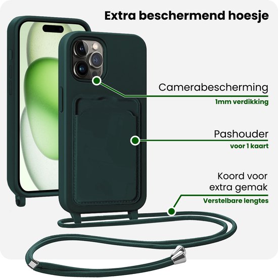 Donkergroen hoesje voor iPhone 15 Pro met camera- en pashouderbescherming en verstelbaar koord.