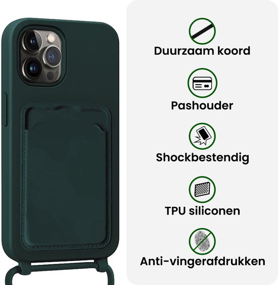 Donkergroen hoesje met duurzaam koord, pashouder en schokbestendig TPU-siliconen voor iPhone 15 Pro.