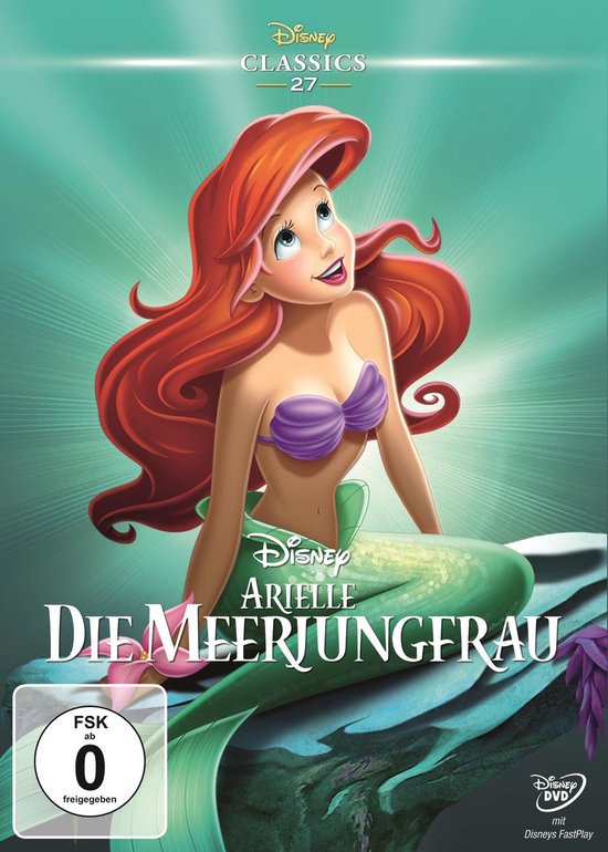 De zeemeermin Ariel met rode haren, paarse top en groene staart zit op een steen. De titel 'DIE MEERJUNGFRAU' staat centraal.