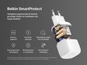 Gedemonteerde witte Belkin USB-C-oplader, die de interne componenten en de Belkin SmartProtect-veiligheidsfuncties toont.