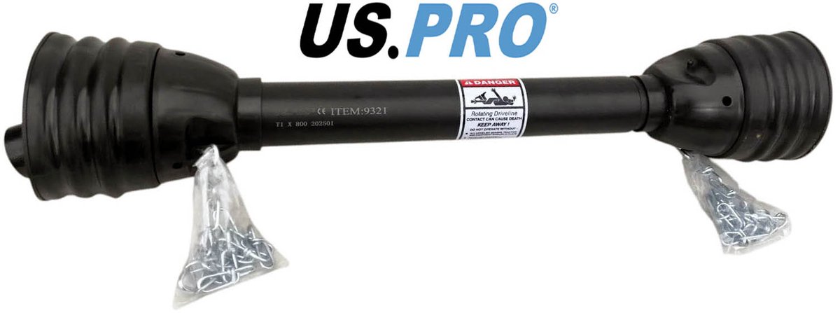 T1 PTO Aftakas met 34.9 mm 6 Spline aansluiting lengte 800 - 1100 mm – Met Breekboutbeveiliging – Geschikt voor houtklovers - hogedrukreinigers - spreiders en cementmixers enz.