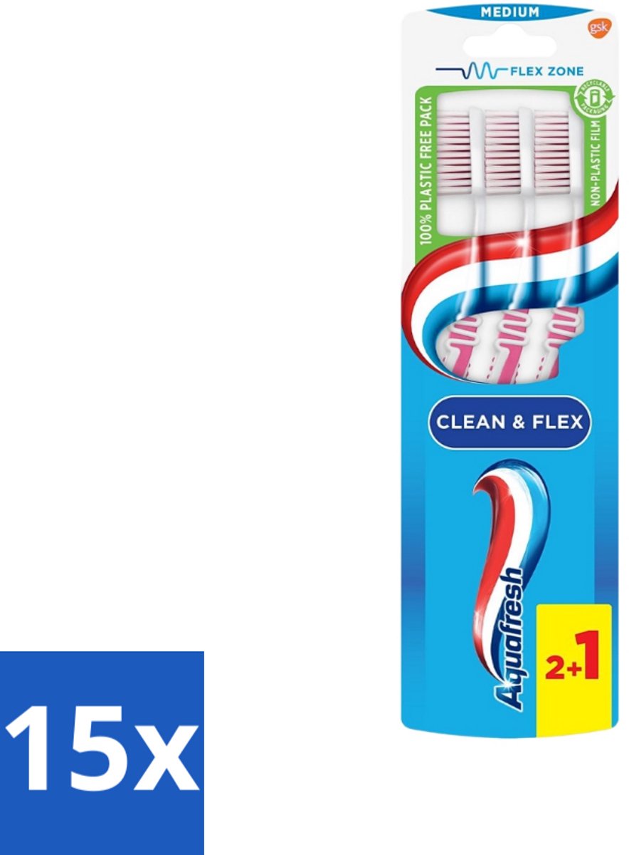 15 x Aquafresh Tandenborstel Clean & Flex Medium 3 stuks per verpakking - Tandenborstel - Tandenborstel Medium - Tandenborstel Clean - Tandenborstel Flex - Tandenborstel Voor Tandvlees