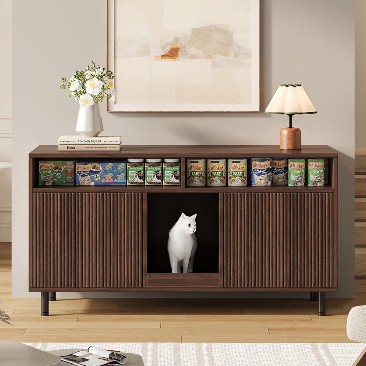 Pugsdrly Kattenbakmeubel/kattenbakmeubel met kattenbakmat, huisdierenmeubel met plank, huisdierenbuffet/tv-meubel, zonder kattenbak, 120x50x66cm, kleur notenhout van Pugsdrly