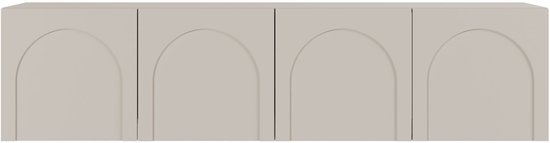 Lange, beige tv-kast met vier deuren met gebogen patronen.