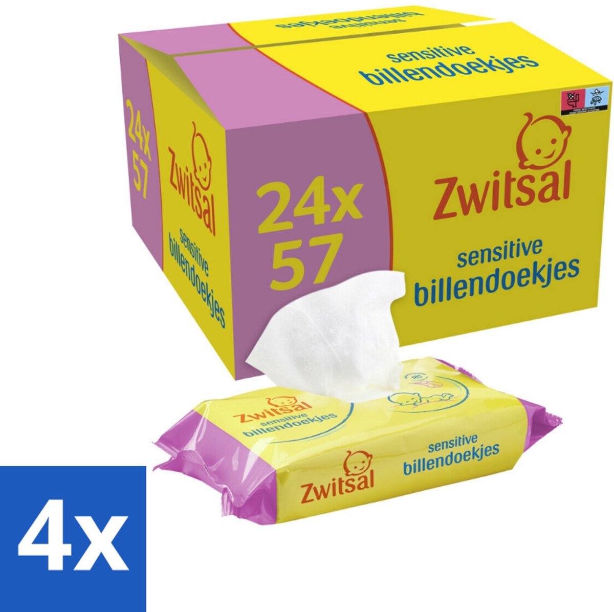 Image of 4 x Zwitsal - Billendoekjes Sensitive - 24 x 57 stuks per verpakking - Megaverpakking - Billendoekjes - Babyhuid - Luieruitslag - Zachte Billendoekjes - Gevoelige Babyhuid