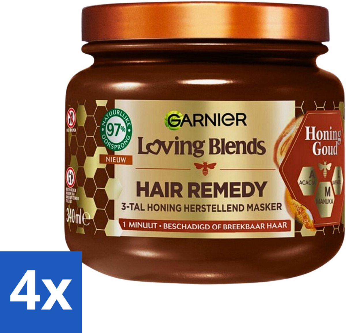 4 x Garnier - Loving Blends Honing Goud - Hair Remedy Haarmasker - Beschadigd & Breekbaar Haar - 340 ml - Haar Masker - Beschadigd Haar - Haarbreuk - Gespleten Punten - Haarmasker