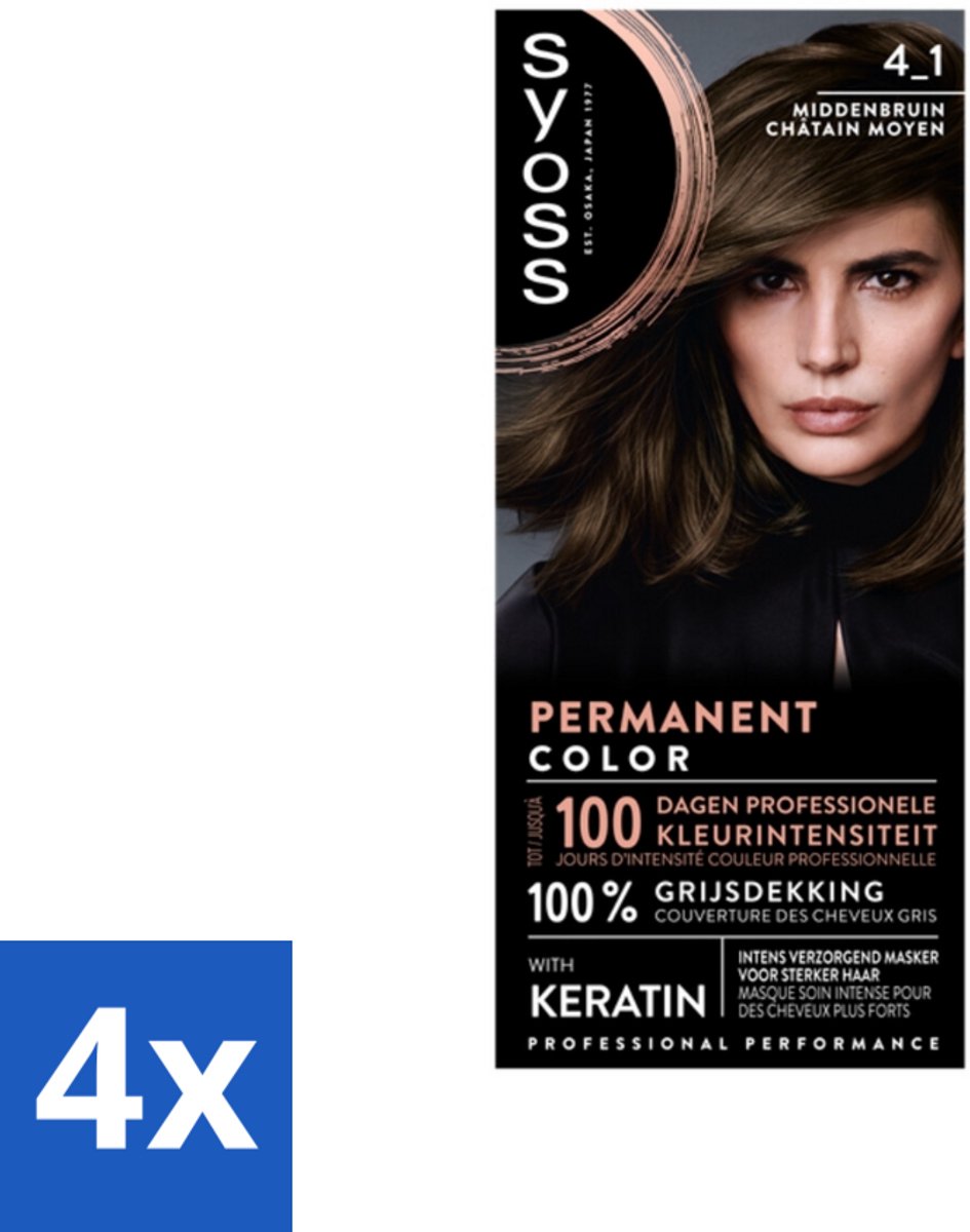 4 x SYOSS - Coloration 4-1 Middenbruin - Haarverf - Grijsdekking - Vermindert Haarbreuk - Permanente Haarkleuring - Haarkleur - Grijsdekking - Donkere Asblonde Haarkleur - Keratine