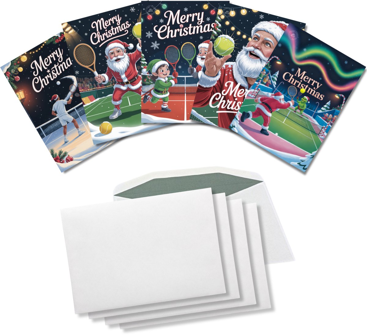 Inspra Studio – Luxe Kerstkaarten met Enveloppen – 5 Stuks – Tennis Wenskaarten – Artistieke Sportieve Illustraties met Winterse Sfeer