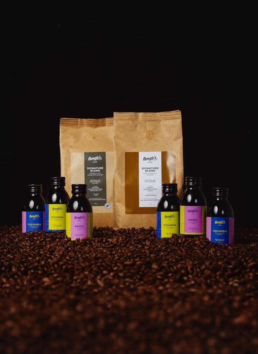 Georgie's Starter Pack - Proefpakket Koffiebonen en Cold Brew Koffie Proefpakket - 1x500g Arabica Blend Koffiebonen, 1x500g Arabica Robusta Blend Koffiebonen en 6x125ml (6 stuks Cold Brew Koffie) - Mix van Cold Drip Koffie en Premium RFA Koffiebonen