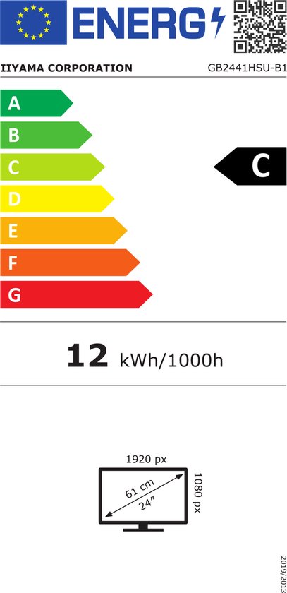 Energie-efficiëntielabel voor een iiyama monitor met energieklasse C en specificaties.