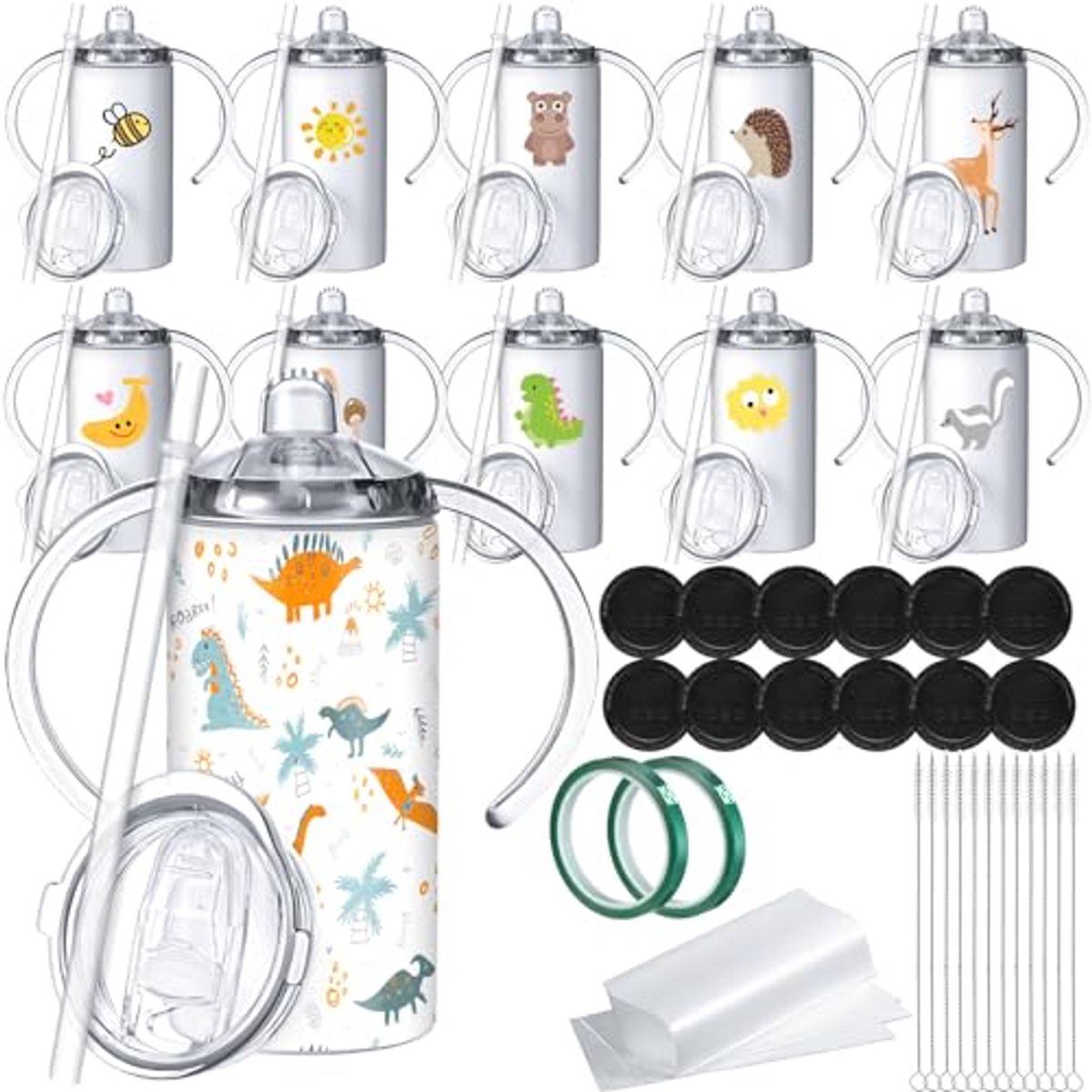 Image of 12 sets 12oz Sippy Cups voor Peuters - Isolerende Rvs Tumbler met Deksel en Rietjes, Inclusief 2 Heat Tape en 12 Coasters