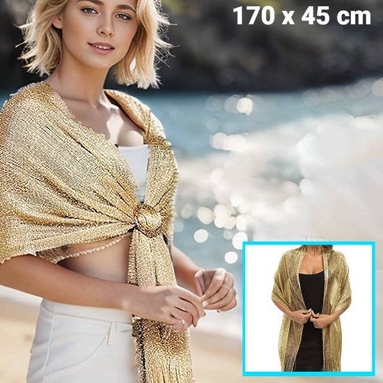 LaGloss® Écharpe portefeuille à franges dorées pour femme - Printemps Été Plage Week-end Décontracté Soirée Robe Étole Métallisé Or - 170 x 45 cm