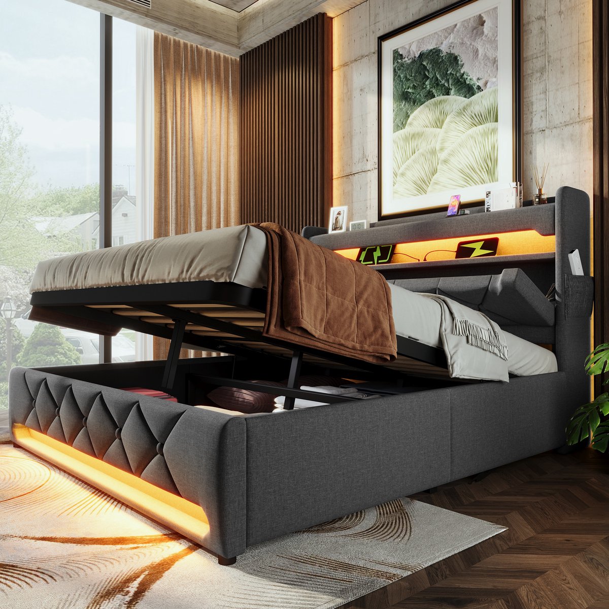 HAUSS SPOLE Gestoffeerd Bed 160x200 cm - Tweepersoonsbed Met Opbergruimte En USB C-Type Oplaadfunctie - Bed Met Lades En LED Verlichting - Linnen - Grijs