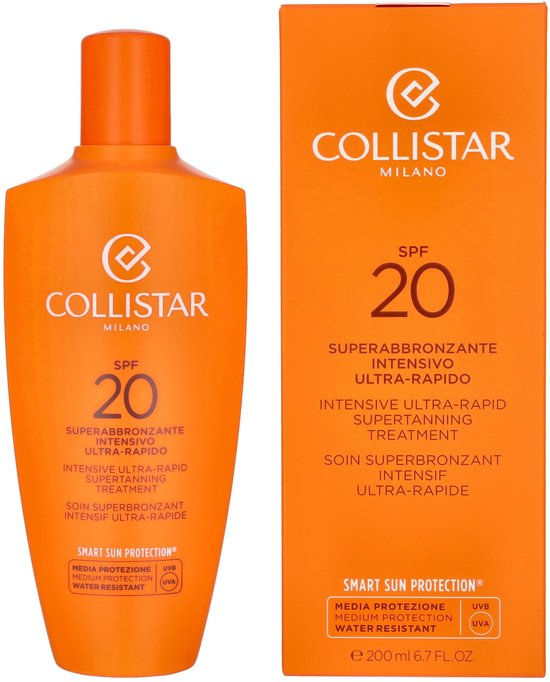 Collistar zonnebrandmelk SPF 20 en bijbehorende oranje doos.
