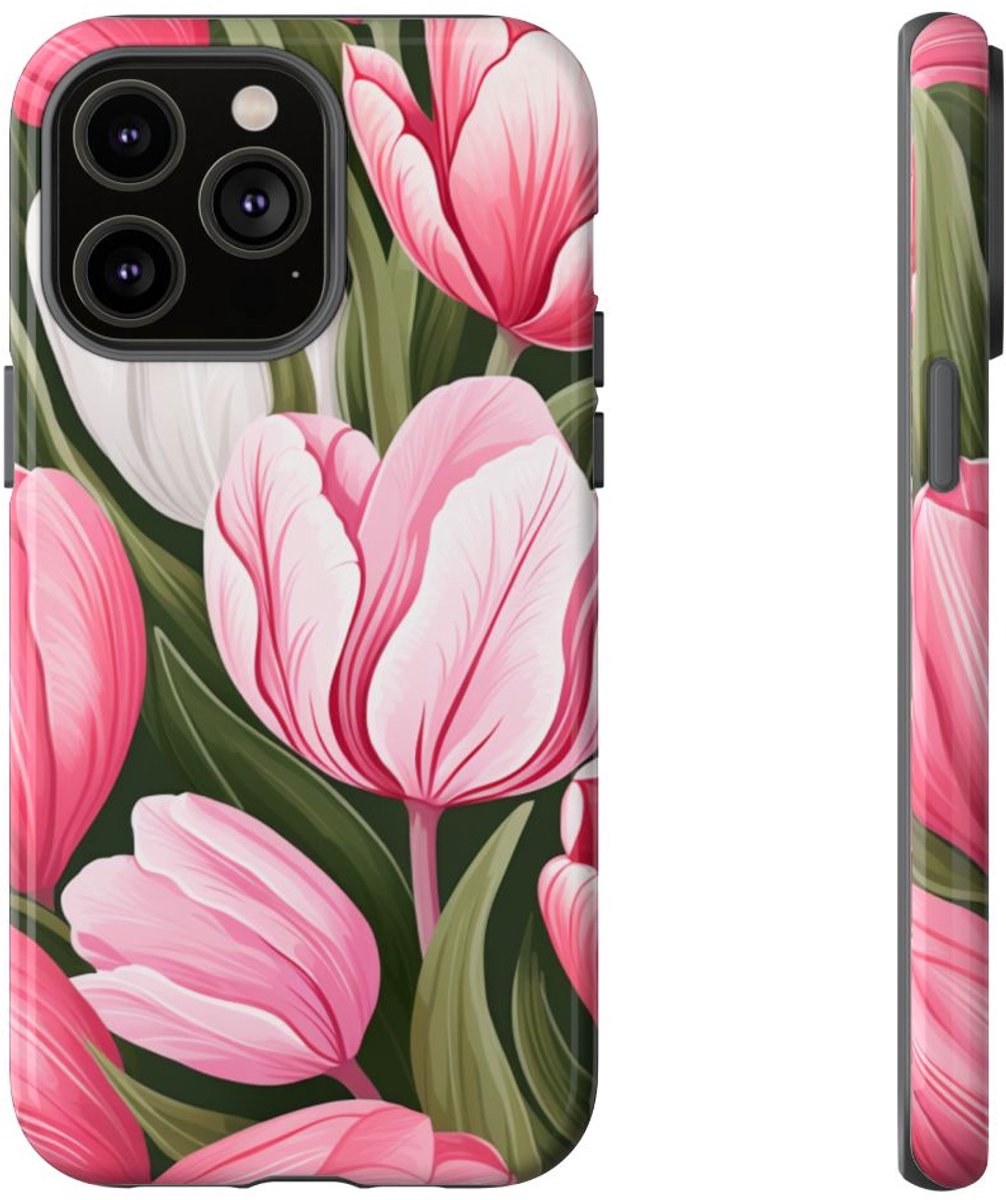 Roze en Witte Tulp Bloemenpatroon – Telefoonhoesje Geschikt voor iPhone 14 Pro Max