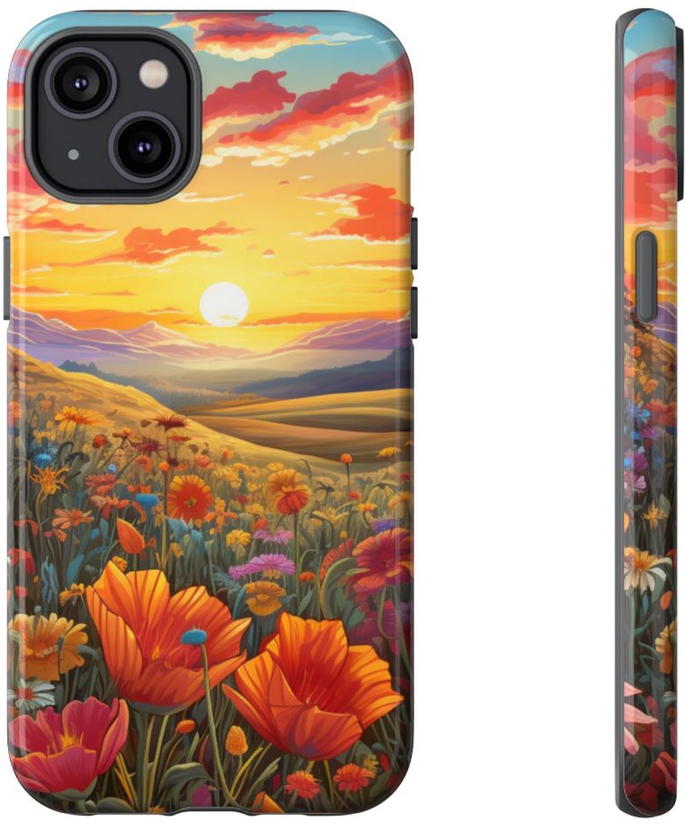 Zonsondergang boven Wilde Bloemenweide – Telefoonhoesje Geschikt voor iPhone 14 Plus