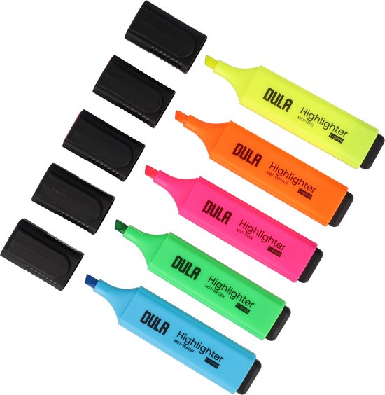 DULA highlighters, geel, oranje, roze, groen en blauw, met losse zwarte doppen.