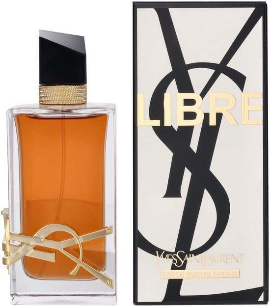 Yves Saint Laurent Libre Intense Eau de Parfum, amberkleurig met gouden YSL-logo, naast de bijpassende verpakking.