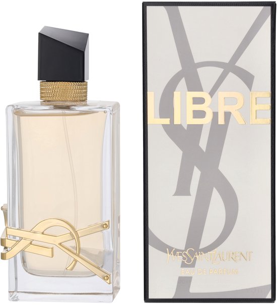 Glazen parfumfles met gouden 'YSL'-logo, gouden geciseleerde hals en zwarte schuine dop.