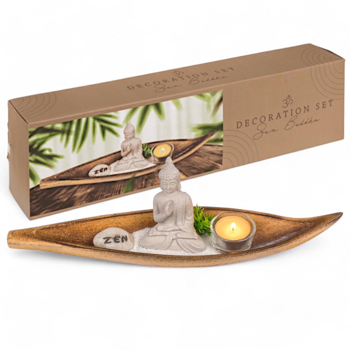 Zen Decoratieset - Houten Kom met Boeddha, Glazen Teelichthouder, Zen Steen en Kunstplant