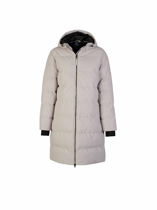 Damesparka in lichtbeige, met capuchon, zwarte boorden en ritssluiting.