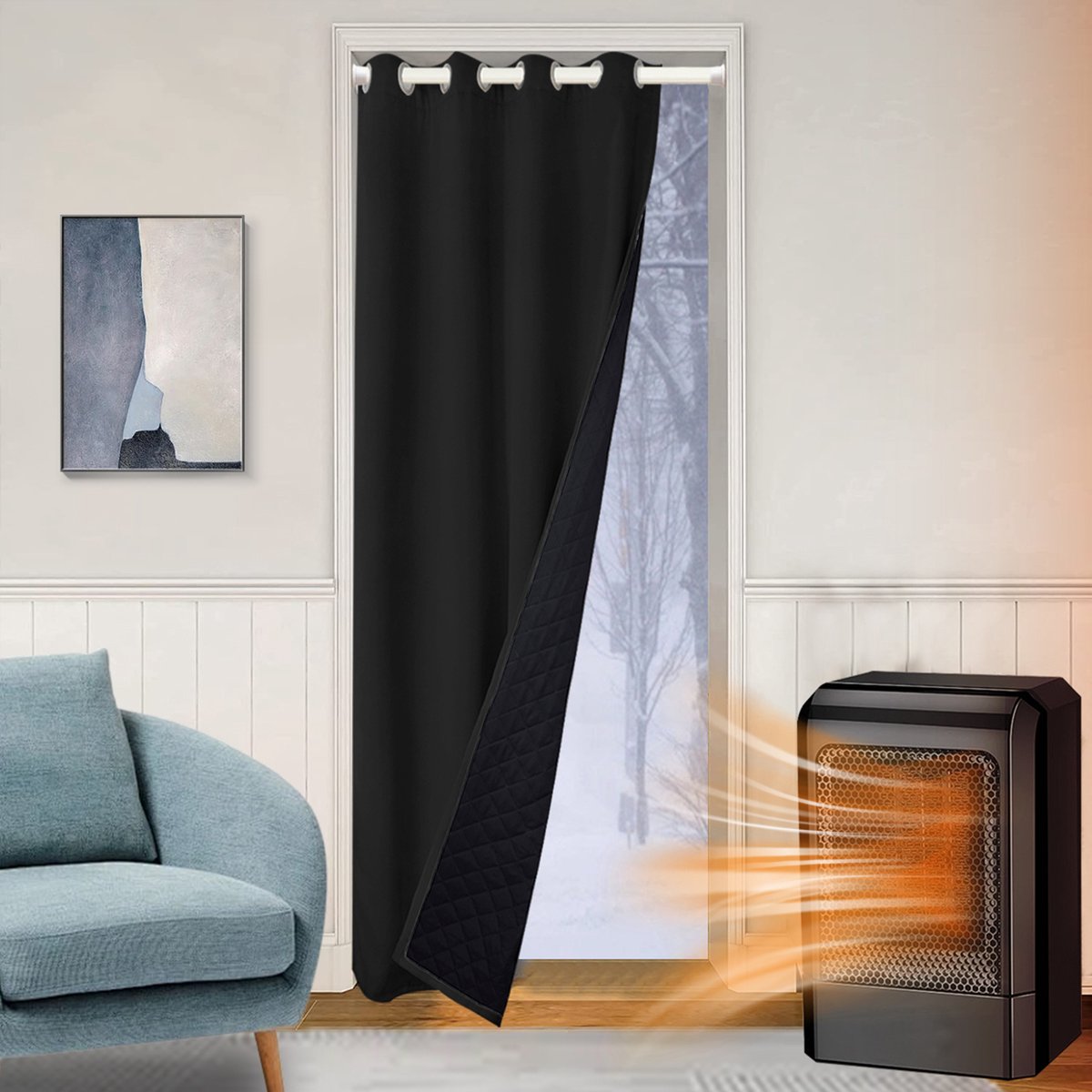 Qelus Verduisterende Gordijnen Kant en Klaar met Ringen - 132x203 cm - Isolerend, Waterdicht & Winddicht - 405gsm Blackout Gordijn voor Deur - Thermisch Deurgordijn - Zwart